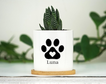 Personalized Dog Memorial Gift Planter - 3&quot; White Ceramic Pot w/ Bamboo Tray - Custom Succulent Pot - Dog Sympathy Gift - Pet Memorial