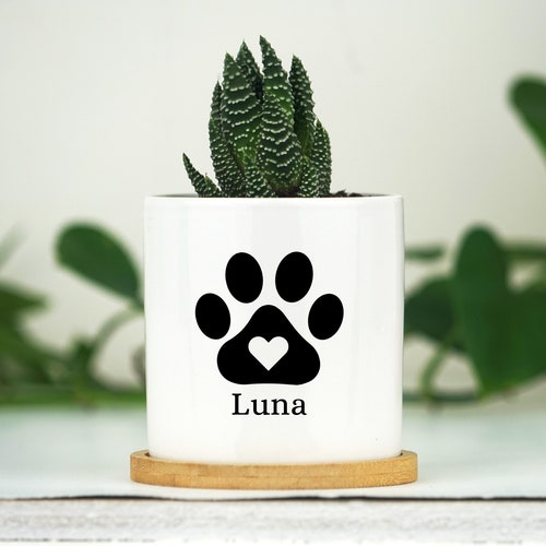 Personalized Dog Memorial Gift Planter - 3" White Ceramic Pot w/ Bamboo Tray - Custom Succulent Pot - Dog Sympathy Gift - Pet Memorial