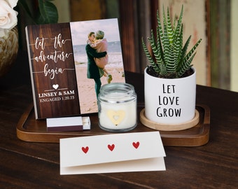 Personalized Engagement Gift - Photo Block + Planter + Tray - Custom Engagement Gift Box For Couple Gift, Gift for Newly Engaged