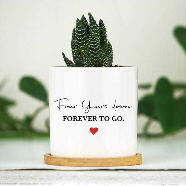 Four Year Anniversary Gift - 3" White Ceramic Pot w/ Bamboo Tray, Custom Succulent Pot, 4th Year Anniversary, Wedding Anniversary Gift