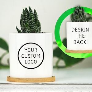 Double Sided Planter With Custom Business Logo (FULL COLOR) - 3" Mini White Ceramic Pot w/ Bamboo Tray - Corporate Gift - Company Gift