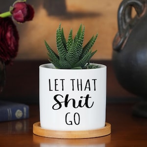 Bathroom Humor Planter - 3 Inch White Ceramic Pot w/ Bamboo Tray - Restroom Decor, Dorm Room Gift, Restroom Sayings, Wall Decor Bathroom