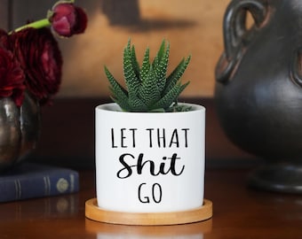 Bathroom Humor Planter - 3 Inch White Ceramic Pot w/ Bamboo Tray - Restroom Decor, Dorm Room Gift, Restroom Sayings, Wall Decor Bathroom