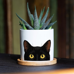 Black Cat Succulent Pot - 3" White Ceramic Pot - Black Cat Planter, Cat Lover Gift, Cat Ears, Cat Gifts, Cat mom, Peeking Cat, Witchy Gifts