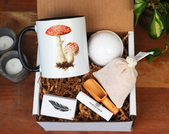 Pilzbecher Geschenkbox - 11 Unzen schwarzer Becher - Pilzkaffeetasse, Spa-Geschenkbox, Freundin Frau Geschenkidee, Pflegepaket für sie, Pilzdekor