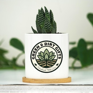Planter With Custom Business Logo  - 3 Inch White Ceramic Pot w/ Bamboo Tray - Personalized Corporate Gift - Company Gift - Co-worker Gift