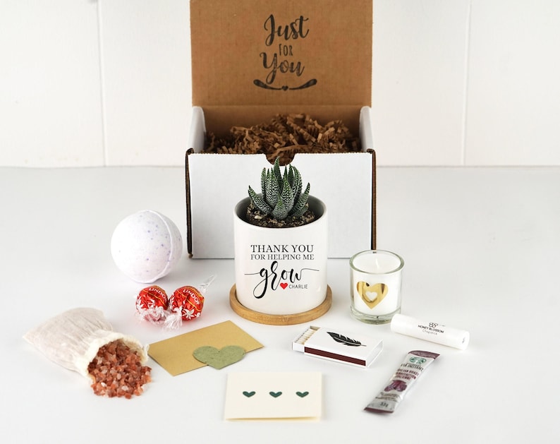 Custom Planter Teacher Gift Box - Thank You For Helping Me Grow Gift - 3" White Pot w/ Bamboo Tray -Teacher Flower Pot - Succulent Gift Box image 4