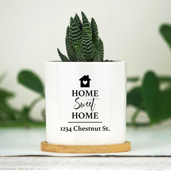 New Home Gift Planter - 3" Mini White Ceramic Pot w/ Bamboo Tray - Moving Away - Housewarming Gift - First Home Decor  - New House Gift