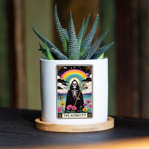 Audacity Tarotkarten-Pflanzgefäß – Weißer Pflanztopf 7,6 cm – Spa-Geschenkbox, Geschenkidee für die Ehefrau, Tarotkarten-Geschenk, Cyberpunk-Tarot, Hexenbecher, Hexengeschenke