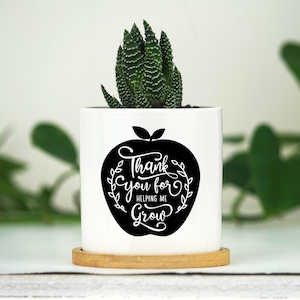 Personalized Teacher Gift - Teacher's Name  - 3" White Ceramic Pot w/ Bamboo Tray - Custom Succulent Pot - Teacher Graduation Gift