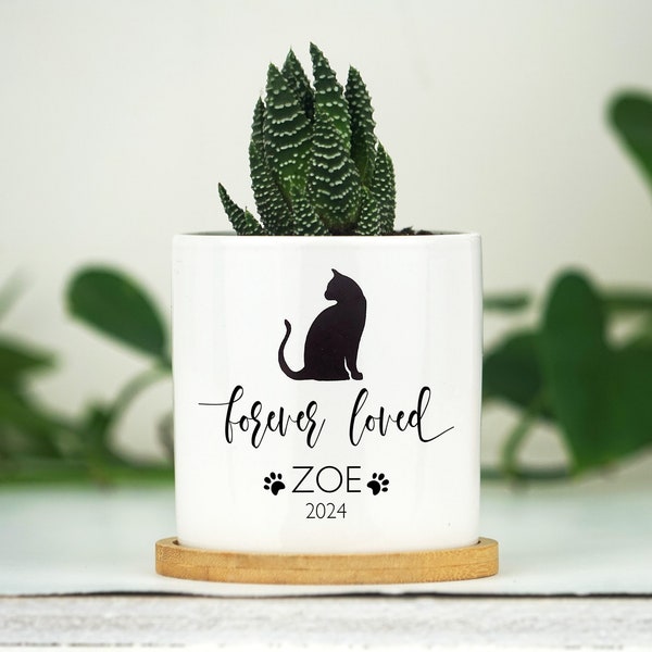 Personalized Cat Memorial Gift Planter - 3" White Ceramic Pot w/ Bamboo Tray - "Forever Loved" - Cat Sympathy Gift - Pet Memorial