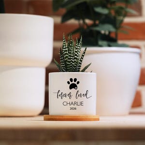May include: A white cylindrical ceramic planter sitting on a circular wooden base. The planter features a black paw print graphic above the text "forever loved", the name "CHARLIE", and the year "2026". A small green succulent plant is inside.