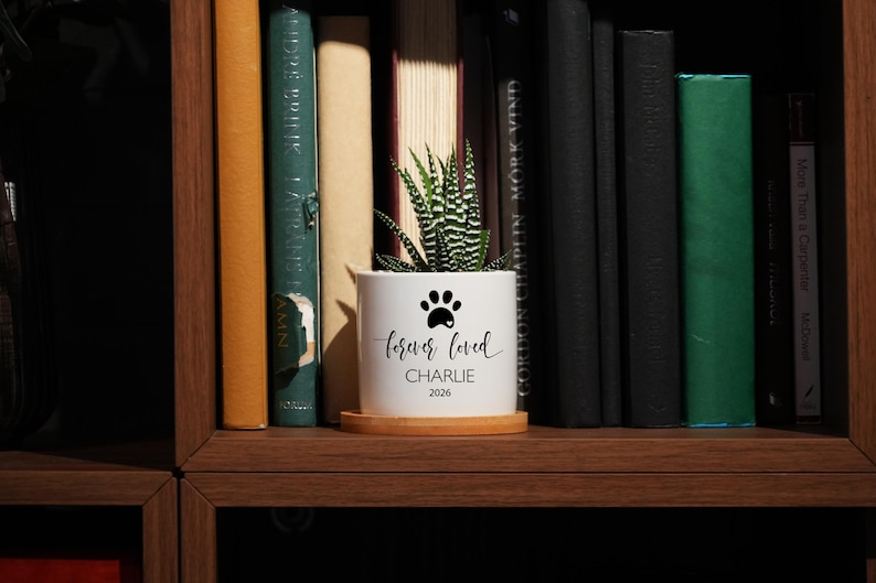May include: A white ceramic planter with a wooden base containing a small green and white striped succulent. The planter features a black paw print icon above the text "forever loved" followed by the name "CHARLIE" and the year "2026" in black.