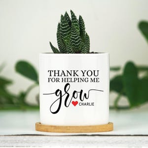 Custom Planter Teacher Gift Box - Thank You For Helping Me Grow Gift - 3" White Pot w/ Bamboo Tray -Teacher Flower Pot - Succulent Gift Box image 1