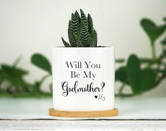 Godmother Proposal Gift Planter - 3" Mini White Ceramic Pot w/ Bamboo Tray - Will You Be My Godmother - New Baby Gift - Naming Day Gift