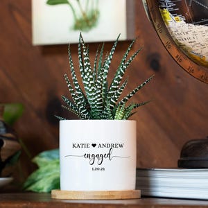 Personalized Engagement Gifts - 3" White Ceramic Pot w/ Bamboo Tray - Custom Succulent Pot - Newly Engaged Couple Gift - Wedding Gift Box