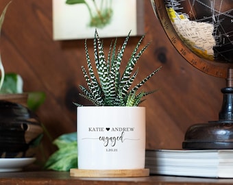 Personalized Engagement Gifts - 3" White Ceramic Pot w/ Bamboo Tray - Custom Succulent Pot - Newly Engaged Couple Gift - Wedding Gift Box