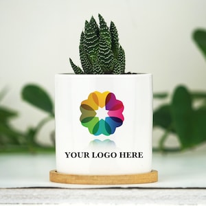 Planter With FULL COLOR Custom Business Logo  - 3 Inch White Ceramic Pot w/ Bamboo Tray - Personalized Corporate Gift - Company Gift