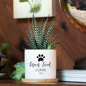 Personalized Dog Memorial Gift Planter - 3" White Ceramic Pot w/ Bamboo Tray - "Forever Loved" - Pet Memorial