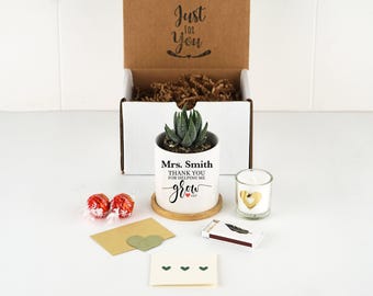 Personalized Planter Teacher Gift - Thank You For Helping Me Grow Gift - 3" White Pot w/ Bamboo Tray- Graduation Gift, Teacher Gift Gift Box