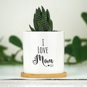 Gepersonaliseerde plantenbak Moederdagcadeau - witte keramische pot van 3" met bamboeblad - cadeau voor haar - I Love Mom - Moederdagcadeaudoos