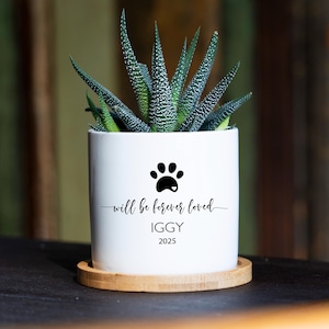 Personalized Dog Memorial Gift Planter - 3" White Ceramic Pot w/ Bamboo Tray - "Forever Loved" - Dog Sympathy Gift - Pet Memorial