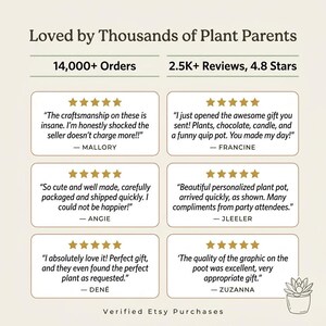 The image is a collage of six positive reviews and comments from plant parents, highlighting the quality and satisfaction they have received from the seller's products.