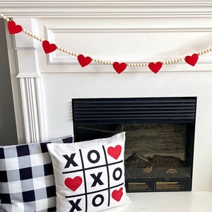 Valentine's Day Decor / Red Felt Hearts and Wood Beads Garland / Farmhouse Mantle Banner / Boho Bunting for Mantel / Neutral Wall Hanging image 2