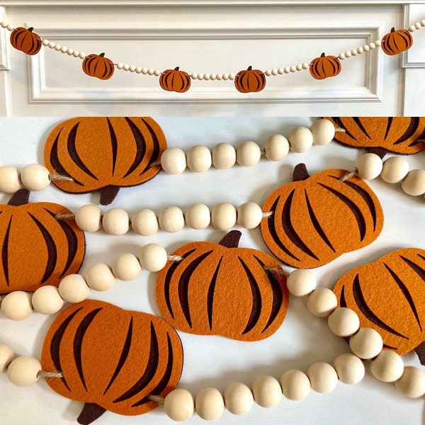 Fall Pumpkin Garland / Felt Pumpkins and Wood Beads for Mantel / Halloween Home Decor / Autumn Thanksgiving Banner / Cottagecore Decoration