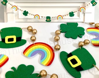 St. Patrick's Day Garland for Mantel / Irish Green Felt Shamrocks Hats Rainbows / Lucky Charms Decor Banner / St. Pattys Day Decorations