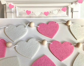 Felt Hearts Garland / Valentine's Day Pink and White Handmade Banner / Romantic Bunting for Mantel / Cute Home Decor Wood Bead Decoration