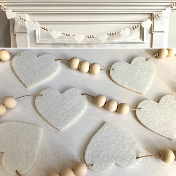 White Hearts Garland / Neutral Valentine's Day Banner for Mantel / Felt Hearts and Wood Beads Home Decor / Farmhouse Cottagecore Decoration