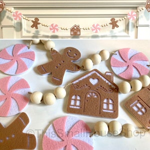 Pink Christmas Garland / Felt Gingerbread House Man and Peppermint Candy Banner / Handmade Home Decor Mantle/ Farmhouse Holiday Wall Bunting