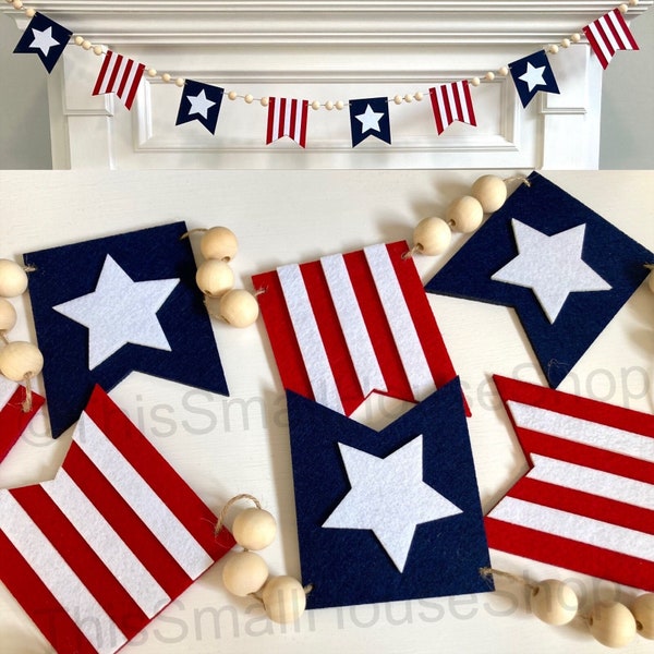 July 4th Felt Pennants and Wood Beads Banner / Patriotic Flags Garland for Mantel / Red White Blue Stars and Stripes / Americana Home Decor