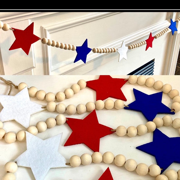 July 4th Stars Wood Bead Garland for Mantel / Red White Blue Felt Stars / Americana Home Decor Banner / Patriotic Bunting for Wall or Mantle