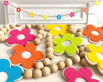 Rainbow Felt Flowers Wood Beads Garland for Fireplace Mantel / Spring Bright color / Summer decor banner / Boho Farmhouse mantle / Girl Room