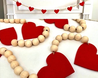 Valentine's Day Decor / Red Felt Hearts and Wood Beads Garland / Farmhouse Mantle Banner / Boho Bunting for Mantel / Neutral Wall Hanging