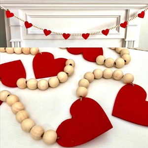 Valentine's Day Decor / Red Felt Hearts and Wood Beads Garland / Farmhouse Mantle Banner / Boho Bunting for Mantel / Neutral Wall Hanging image 1