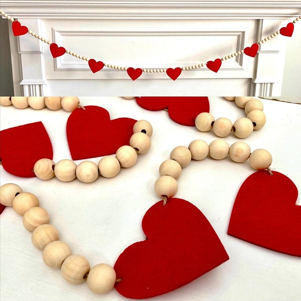 Valentine's Day Decor / Red Felt Hearts and Wood Beads Garland / Farmhouse Mantle Banner / Boho Bunting for Mantel / Neutral Wall Hanging