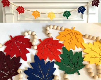 Fall Maple Leaves Garland Rainbow / Maple Leaf Banner for Mantel / Felt Leaves and Wood Beads Decoration / Autumn Boho Wall Home Decor