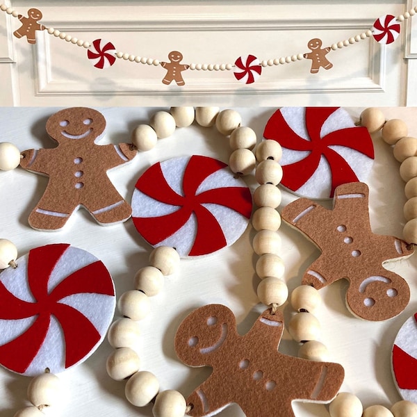 Christmas Garland / Felt Gingerbread Man and Red Peppermint Candy Banner / Handmade Home Decor for Mantle/ Farmhouse Bunting Wall Decoration