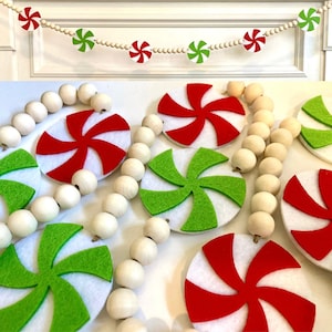 Christmas Garland / Felt Red and Green Peppermint Candy / Wall Home Decor Banner for Mantel / Boho Farmhouse Mantle Handmade Decoration