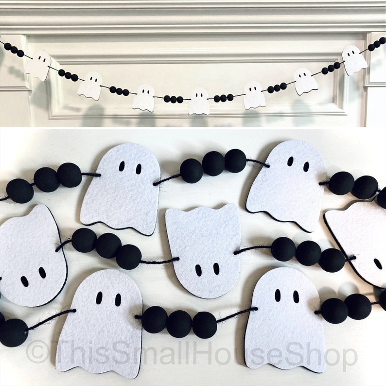 Cute Felt Ghost Garland / Handmade Halloween Banner / Spooky Season Home Decor / Farmhouse Bunting for Mantel / Adorable Ghosties Decoration image 1