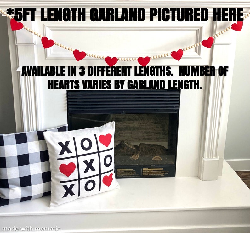 Valentine's Day Decor / Red Felt Hearts and Wood Beads Garland / Farmhouse Mantle Banner / Boho Bunting for Mantel / Neutral Wall Hanging image 4