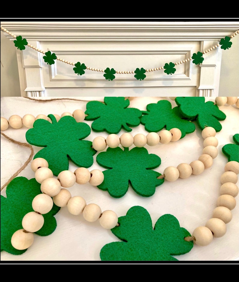 St. Patrick's Day Garland / Wood Beads and Green Felt Shamrocks for Mantel / Cottagecore Home Decor Banner / Lucky Farmhouse Mantle Bunting Bild 1