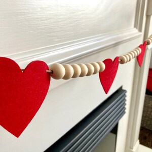 Valentine's Day Decor / Red Felt Hearts and Wood Beads Garland / Farmhouse Mantle Banner / Boho Bunting for Mantel / Neutral Wall Hanging image 6