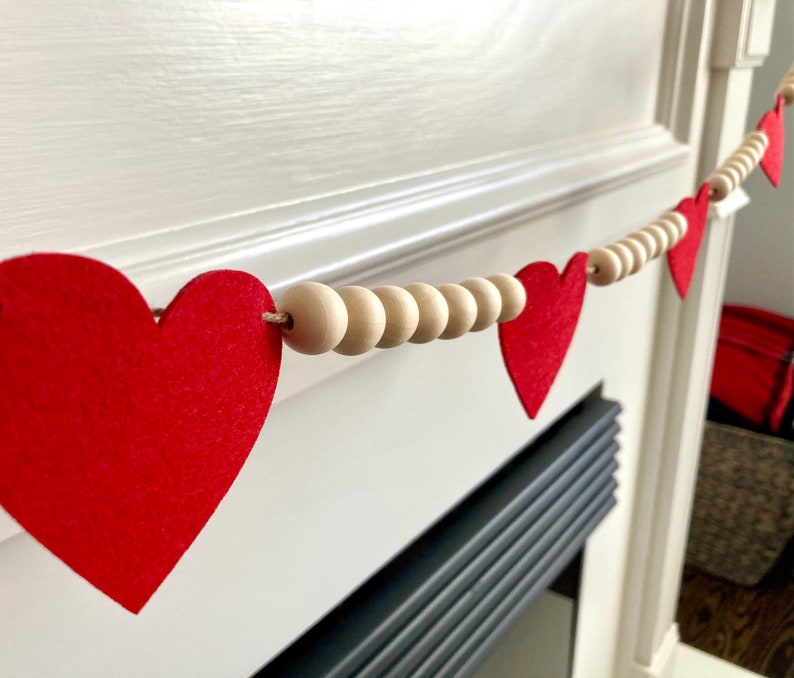 Valentine's Day Decor / Red Felt Hearts and Wood Beads Garland / Farmhouse Mantle Banner / Boho Bunting for Mantel / Neutral Wall Hanging image 6