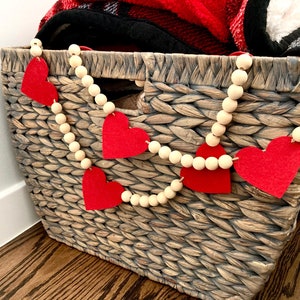 Valentine's Day Decor / Red Felt Hearts and Wood Beads Garland / Farmhouse Mantle Banner / Boho Bunting for Mantel / Neutral Wall Hanging image 3