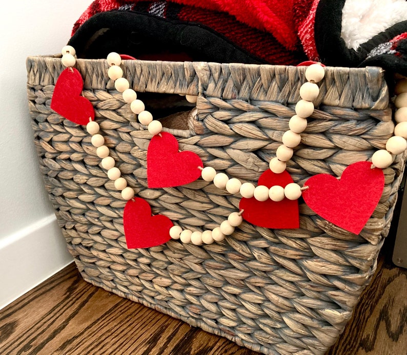 Valentine's Day Decor / Red Felt Hearts and Wood Beads Garland / Farmhouse Mantle Banner / Boho Bunting for Mantel / Neutral Wall Hanging image 3