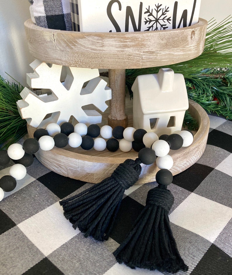 Winter Tiered Tray Decor Wood Beads Garland / Black and ...